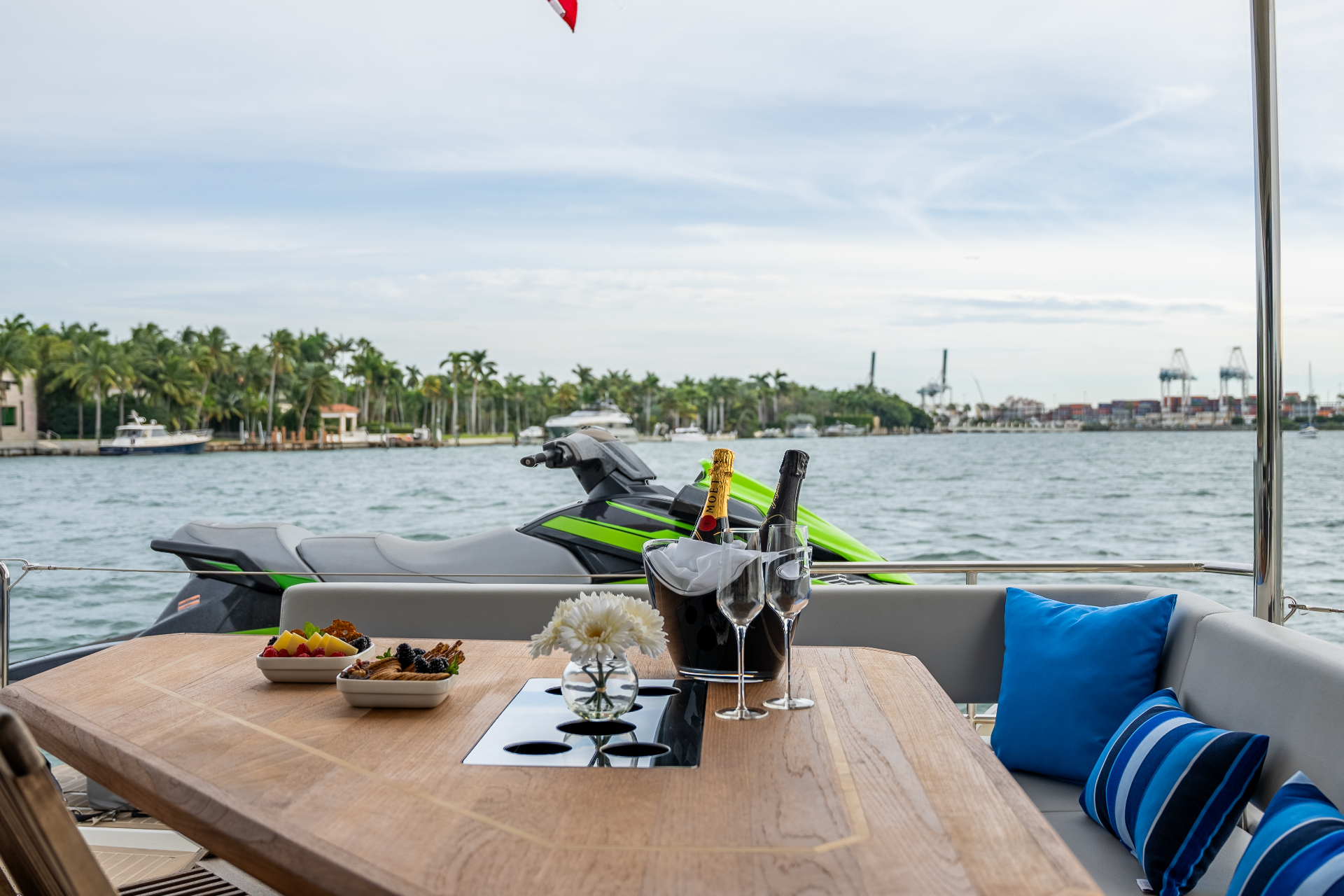 Leopard Cat aft deck table with water view